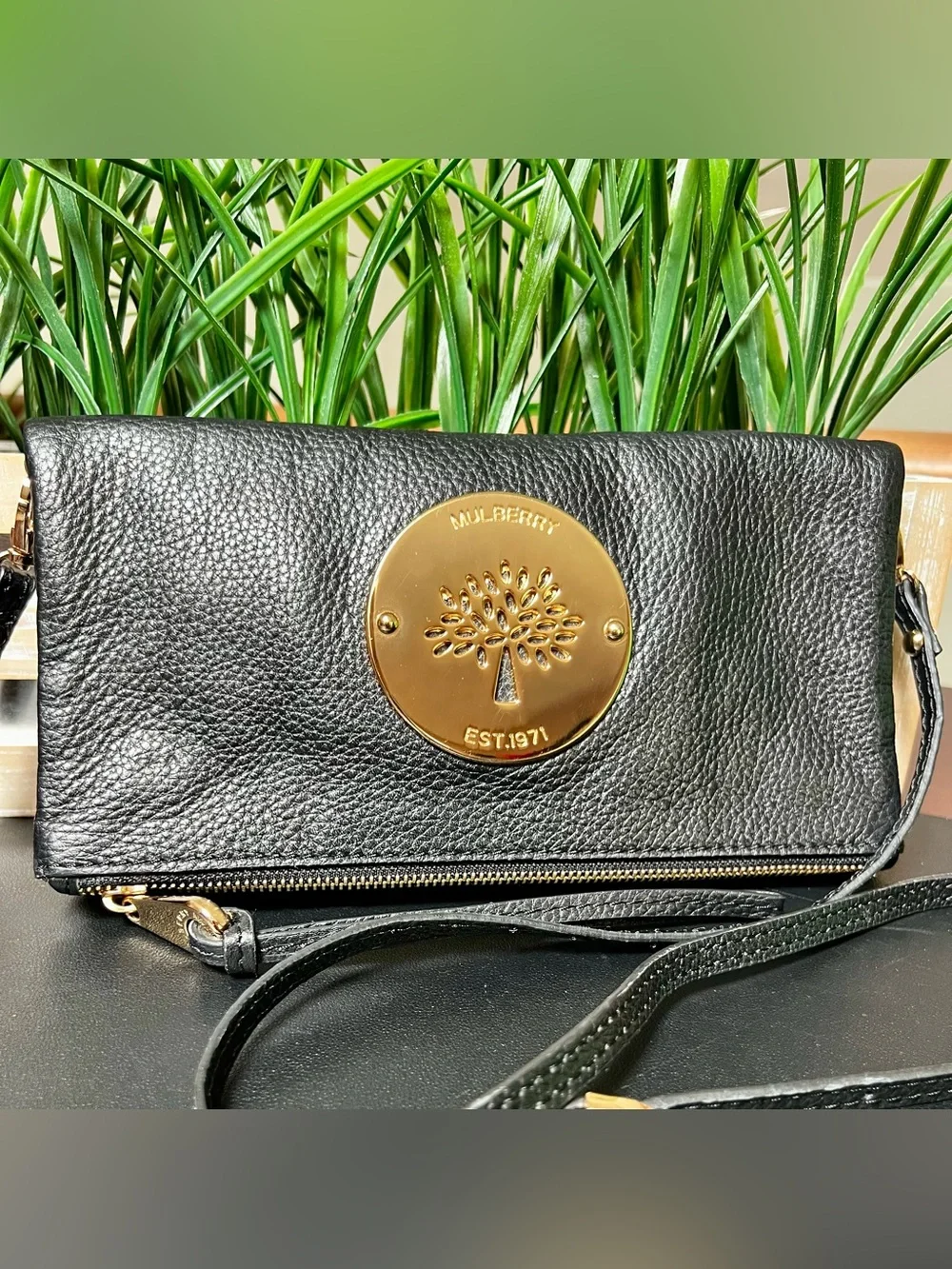 MULBERRY Classic Daria Spongy Pebbled Black Leather Fold-Over Clutch